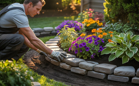 Gardener working in the garden, planting flowers. Gardening concept.の素材