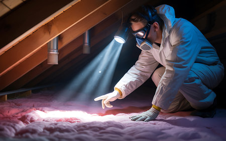Portrait of a man in a protective suit and goggles on the background of the atticの素材