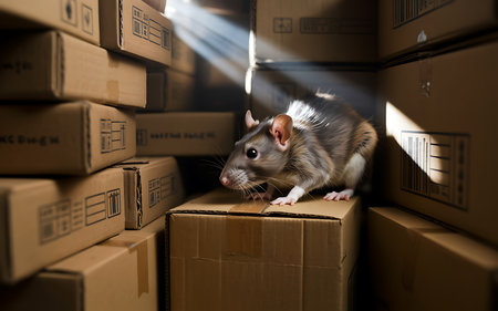 White and gray rat in a cardboard box with a beam of lightの素材