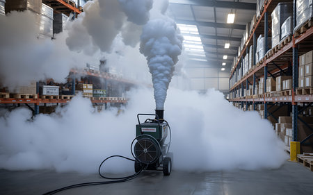 Foggy factory with steam in warehouse. 3d rendering.の素材