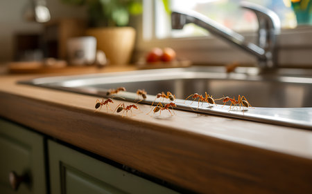 Ants crawling on the countertop in the kitchen at home.の素材