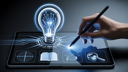 Tablet pc with glowing light bulb on screen and human hand drawingの素材