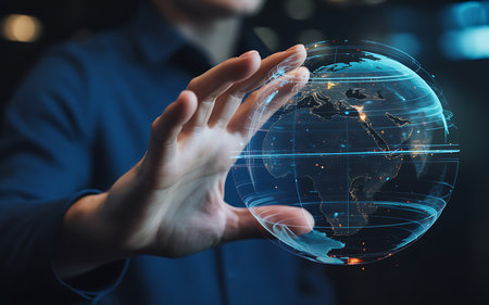 Businessman hand holding world map on dark background. Global business concept. Double exposureの素材