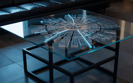 Futuristic city hologram on glass table. 3d renderingの素材