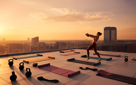 Concept of healthy lifestyle with man practicing yoga on the roof.の素材