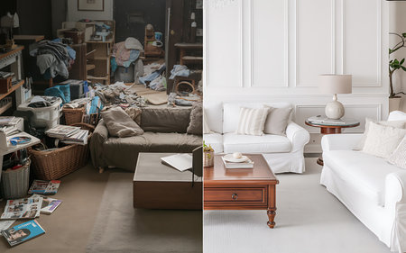 interior of modern living room with sofa and table, collageの素材