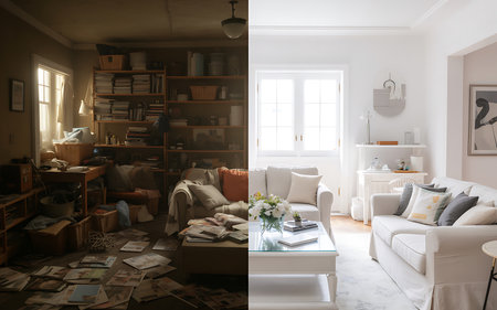 Living room interior with sofa, coffee table and books. 3d renderの素材