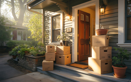 Carton boxes in front of a house in the morning light.の素材