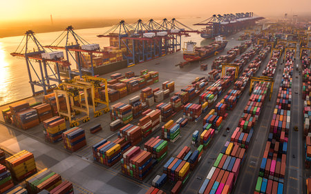 Container Cargo freight ship with working crane bridge for Logistic Import Export backgroundの素材