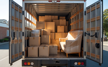 Cargo truck with cardboard boxes in a warehouse. 3d renderingの素材
