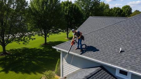 Roofing contractor worker installing a bituminous tile on a house roof.の素材