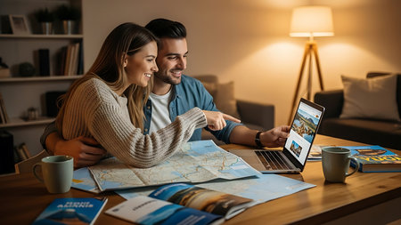 Beautiful young couple looking at map and smiling while sitting at homeの素材