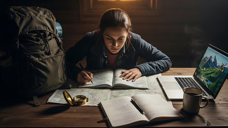 Woman sitting at the table with laptop, map, compass and notebook.の素材