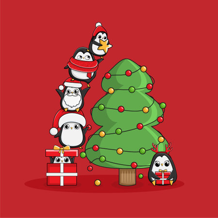 Christmas illustration penguins bright color Christmas illustration penguins bright color family collection tree redのイラスト素材