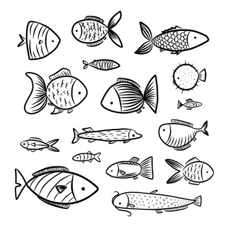set of fish graphic illustration black whiteのイラスト素材