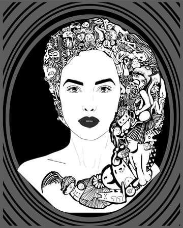Abstract girl with ornaments graphic in her hair black white poster printのイラスト素材