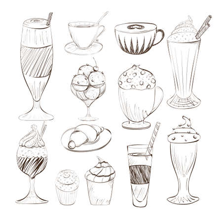 set of objects sketch illustration of coffee cups black and whiteのイラスト素材