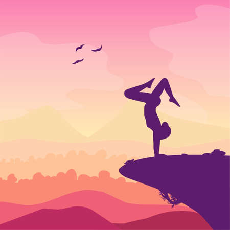 yoga pose relax landscape, nature, sunset template web banner flexibilityのイラスト素材