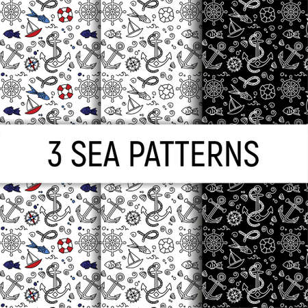 set seamless patterns sea black and white color printのイラスト素材