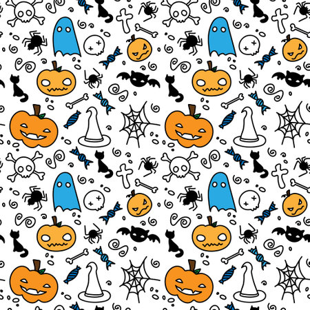 pattern seamless halloween pumpkin black cat bat print bright colorのイラスト素材