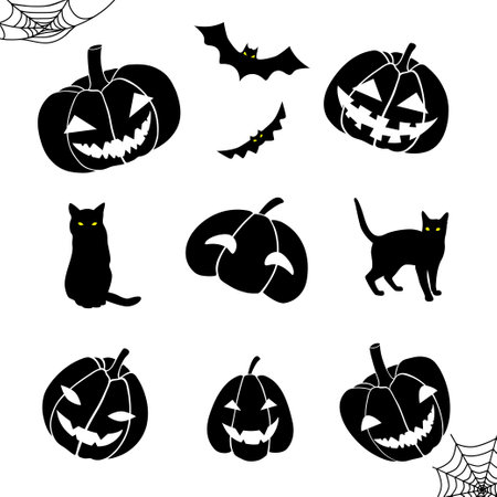 helloween set black and white pumpkin cat bat cut templateのイラスト素材