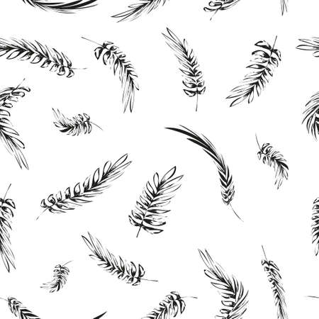 pattern seamless leaves sketch freehand black and whiteのイラスト素材