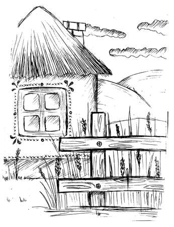 sketch hand drawn lines texture village house nature farmのイラスト素材