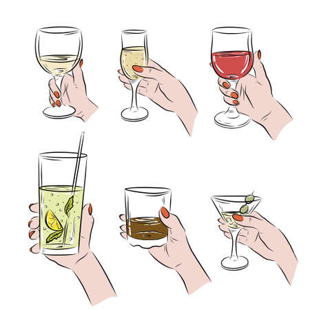 collection illustration glass in hand line glasses bar menu cafe sketch black and white colorのイラスト素材