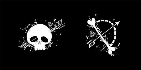 zodiac signs halloween skull bones objects icons stars graphics black and white printのイラスト素材