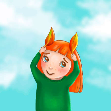 illustration postcard children's cute girl autumn leavesのイラスト素材