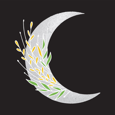 Graphic illustration, texture art green leaves in the moon vector drawings of stars for clothing, etc.のイラスト素材