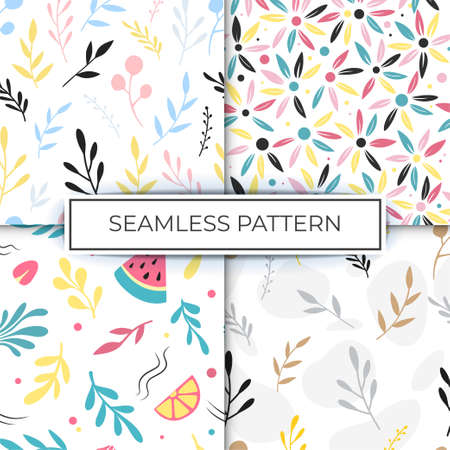 Collection of floral seamless patterns with elements of colorful flowers, fruits, leaves, citrus. Background, printのイラスト素材