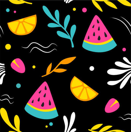 Fruity seamless pattern with colorful elements of leaf, flower, fruit, citrus. black backgroundのイラスト素材