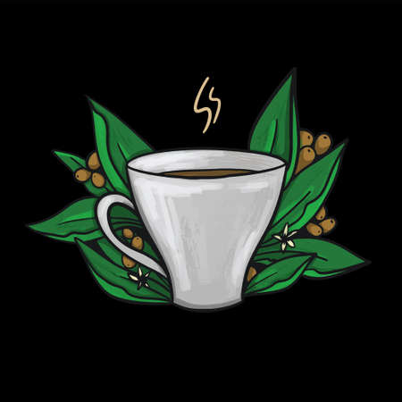 illustration of a cup of espresso coffee in green leavesのイラスト素材