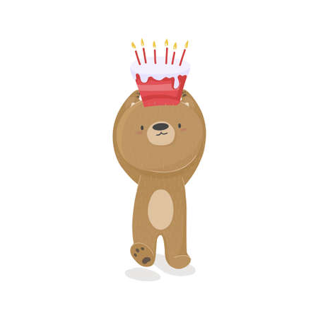 Festive Illustration of baby bear cartoon with a cake, Happy birthday greeting for print, design, poster, greeting card, postcardのイラスト素材