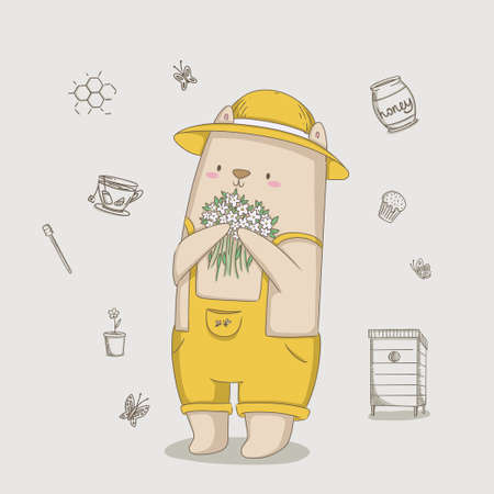 Illustration of a childish cartoon happy bear gardener with flower for print, design, poster, greeting card, postcardのイラスト素材