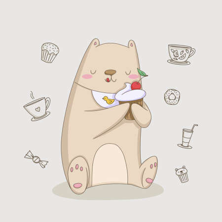 Festive bear cartoon illustration with cake, sweet tooth for design, postcardのイラスト素材