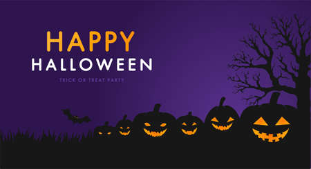 Halloween party invitations, greeting cards or posters with calligraphy, pumpkins, bats, trees. Design template for advertising, web, social networks.のイラスト素材