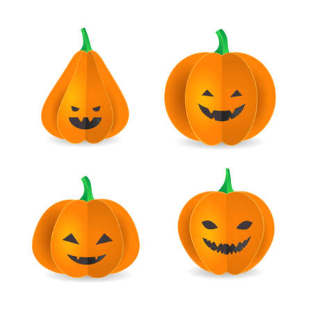 Collection of 3D Paper Pumpkins with Halloween Faces. for banner, poster, greeting card, party invitation. isolated illustration.のイラスト素材