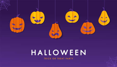 Paper cut banner template pumpkin purple halloween background printableのイラスト素材