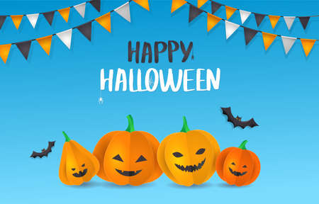 Design template with 3D paper pumpkins with Halloween faces.のイラスト素材