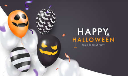Template black banner with 3d balloons with faces. Happy Halloweenのイラスト素材