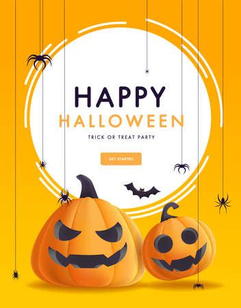 Happy halloween banner with illustration of realistic pumpkins with faces.のイラスト素材