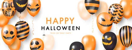 Template banner white background with 3d balloons with faces. Happy Halloweenのイラスト素材