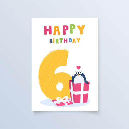 template postcard six years with penguin gift greeting card birthday holidayのイラスト素材
