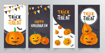 Collection Template flyer with 3D paper pumpkins with Halloween faces.のイラスト素材