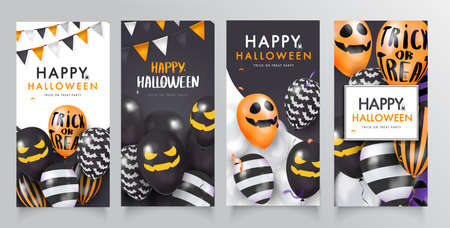 Collection black Template banner with 3d balloons with faces. Happy Halloweenのイラスト素材