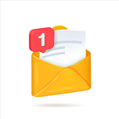 The document is in a yellow 3d envelope.New notification White voluminous sheet of paper with blue text. Read online message. Realistic character communication.のイラスト素材