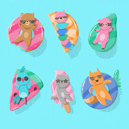 Collection of cartoon animals in the pool on the swim ringのイラスト素材