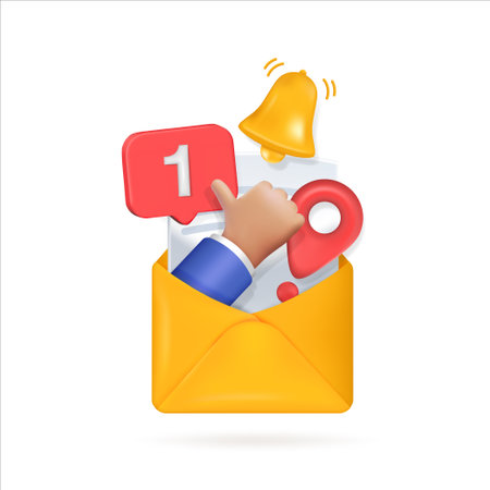 yellow 3d envelope with hand bell button and geolocation online message.のイラスト素材